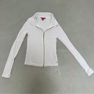 Guess white long sleeve top double zipper and collar